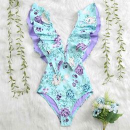 Swimsuit Sexy Shoulder Ruffle Swimwear Women Leaf Print Bathing Suits Beach Wear Arrival Monokini Swim 210712