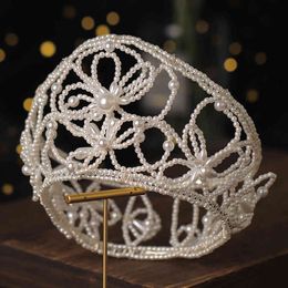 Wedding Hair Jewelry Accessories Niancan Korean Pearl Crown Earrings Luxury Whole Circle Handmade Headdress Bride