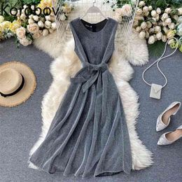 Korobov Fashion O Neck Sleeveless Women Party Night Dress Lacing Bow Lurex Vestidos Femme Summer Vintage Robe Femme 210430