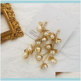 & Chandelier Gold Colour Metal Pearl Flowers Long Dangle Korean Design Statement Earrings Shiny Party Wedding Jewellery Drop Delivery 2021 Pakw