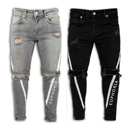 Homens jeans skinny arrancado trecho magro jeans calças masculinas masculino hip hop lado listra calças cartas decorar jeans lápis slim x0621