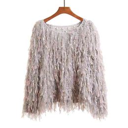 Women Sweater Knitted Grey Slash Neck Pullovers Casual Winter Loose Tassel M0045 210514