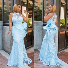 Light Sky Blue Lace Mermaid Prom Dresses Jewel Neck Peplum Evening Gowns Beaded Sleeveless Floor Length Black Girl Formal Dress