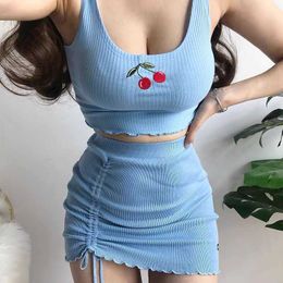 XIBANI Short open navel sleeveless top female lovely cherry embroidery tight U-neck low chest vest streest Youth Blue 210604