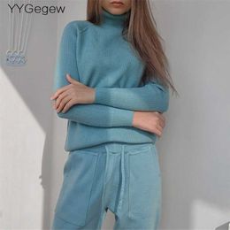 casual 2 Pieces sweater Set Women Knitted Turtleneck Sweater + loose Trousers CHIC Pullover Sweater+ Knitted Carrot pants Set 211126
