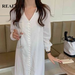 Elegant V-neck Long Dresses for Women French Style Single Buttons Sleeve Ladies White Bohemian Dress Summer 210428