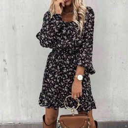 Women Ruffles Floral Print Square Collar Dress Autumn Spring Casual Long Sleeve A Line Slim Female Boho Mini Party Dress 201025