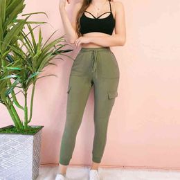 Women Casual Pencil Pants Summer Skinny Elastic Drawstring Pockets Mid Waist Ankle-Length Trousers Female Slim Wrap Hips Pants 210507