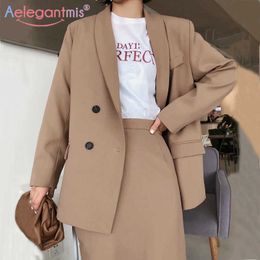 Aelegantmis Fashion Khaki Double Breasted Office Ladies Casual Blazer Women Long Sleeve Pockets OL Work Coats Solid Blazers 210607