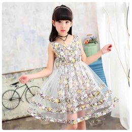 Summer Sleeveless Floral Dress Fashion Girls V-neck Children's Sweet Mesh Stitching Princess For 4-13 Years 210515