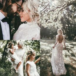 Vintage High Collar Lace Mermaid Wedding Dresses Bridal Gowns 2022 Sexy Backless Buttons Long Sleeves Boho Beach Bride Dress Custom Made