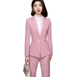 Women's Two Piece Pants Pink Purple Blue Women Slim Formal Pant Suit Office Ladies Female Business Work Single Button Blazer And Trousers 2