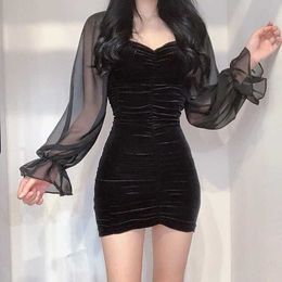 Gothic Black Women V-Neck Splice Mesh Long Sleeve Folds Slim Mini Dress 2020 Spring Goth Female Dark Puff Bodycon Dresses Y0823
