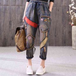 Spring Fashion Women Vintage Embroidery Jeans Elastic Waist Loose Hole Denim Harem Pants Ladies Patched Top Quality D113 210512