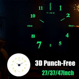 27/37/47 Inch Large Luminous Wall Clock Modern Design Watch Digital Large Big 3D DIY Home Decor Luminous Mirror Sticker Fashion 211110