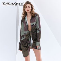 TWOTWINSTYLE Vintage Ruched Dress For Women Lapel Long Sleeve High Waist Hit Color Print Shirt Dresses Female Fashion Autumn 210517