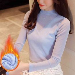 Korean Solid Mesh Tshirt Women Fleece Thick Hollow Out T shirt Tops Bottoming Shirt Autumn Winter Coat Ropa Mujer T80404 210421