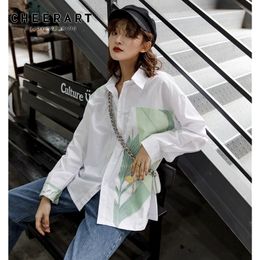 Fall White Blouse Patchwork Floral Print Long Sleeve Button Up Shirt Casual Tops For Women Clothing 210427