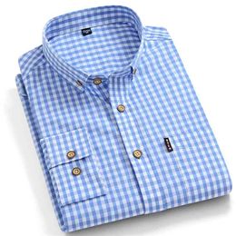 Thin 100% Cotton Plaid Shirts for Men Long Sleeve Regular Fit Chequered Dress shirt Mens Blue Soft Comfortable Male 210626