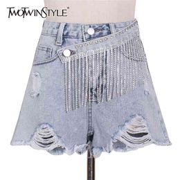 Denim Patchwork Diamond Tassel Shorts For Women High Waist Casual Hole Female Fashion Clothing 210521