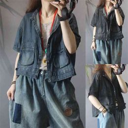 Summer Arts Style Women Short Sleeve Loose Denim Coat Double Pocket Casual Coats Single-breasted Cardigan Jackets M162 210512