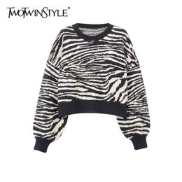 Zebra Casual Short Knitted Tops For Women O Neck Long Sleeve High Street Chic Sweater Female Autumn Fashion 210524