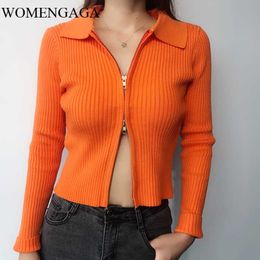 WOMENGAGA Sexy Double-headed Zipper Lapel Long Sleeve Knitted Cardigan Women's Short Tops Vertical Stretch Slim Sweater M02O 210603
