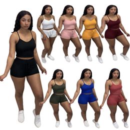 Sexy Women Tracksuits Two Piece Set Designer 2023 New Casual Solid Colour Belt Vest Top And Shorts Ladies Suit