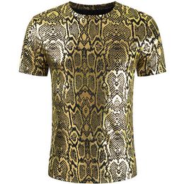 Gold Coated Metallic T Shirt Men Shinny Casual O-Neck Mens T-Shirt Night Club T Shirts Hip Hop Tee Top Snake Pattern Streetwear 210524