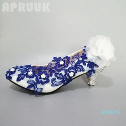 Dress Shoes Middle Heel Blue Lace Pumps Woman Handmade Sweet Design White Flower Royal Applique Wedding Party Dancing