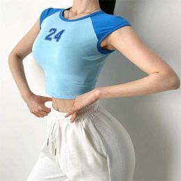 WOMENGAGA Girl Sports Tshirt Women's Running Clothes Sexy Tight Top Navel Fitness Summer Tees Korean Tops Blue V17R 210603