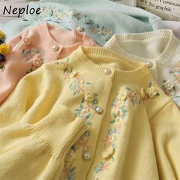 Sweet Flower Embroidery Knit Cardigan Sweater Women O-Neck Chic Exquisite Single Breasted Coat Loose Lange Vest Dame 210422