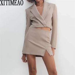 ZA Women Fashion High Waist Short Suit Coat Vintage Female Outerwear Split Buttock Skirt 2-piece Set XITIMEAO 211122