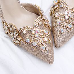 Sexy Women Shoes 7cm High Heels Size 35-42 Sandals Wedding Bridal Glitter Fetish Stiletto Rhinestone Gold Pumps