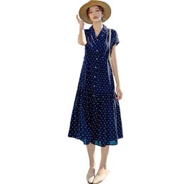 Fashion women dress summer high waist long chiffon polka dot blue short-sleeved ruffled for 210520