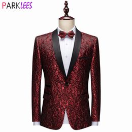 Wine Red Floral Jacquard Dress Blazers Men Patchwork Collar One Button Tuxedo Suit Jacket Male Wedding Banquet Blazer Masculino 220310