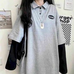 T Shirt Women Tshirt Long-sleeved T-shirt Students Korean Loose Fake Two-piece Letter Embroidery Polo Collar Top Trend 210623