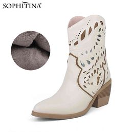 SOPHITINA Western Cowboy Ankle Boots Women's Warm Plush Comfortable Stacked Mid High Heel Outdoor Winter Female Dress Boot PC783 210513