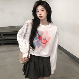 Women's Hoodies & Sweatshirts Korean Winter Sweet Preppy Style Pullover O-Neck Kawaii Strawberry Printing Full Sleeve Casual Loose