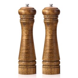 Salt and Pepper Mills, Solid Wood Mill with Strong Adjustable Ceramic Grinder kitchen Accessories set of 2 (5 8 10 inch) 210611