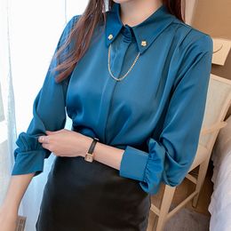 Korean Silk Shirts Women Satin Blouses Shirt Office Lady White Casual Woman Tops Plus Size Long Sleeve Blouse 210427