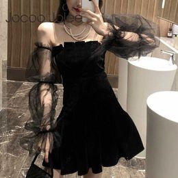 Women Gothic Dress Mesh Long Sleeve Off Shoulder Slim A Line Elegant Chic Pleated Black Hip Hop Mini 210619