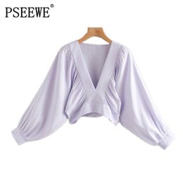 Top Women Vintage V-neck Long Puff Sleeves Gathered Cropped Blouse Female Fashion Invisible Side Zip Chic Tops 210519