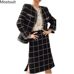 Vintage Knitted Plaid Two Piece Sets Women Spring Autumn Cardigan + Pencil Skirt Suits Office Elegant Ladies Classic Outfit 210513