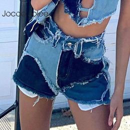 High Waist Hit Color Patchwork Denim Shorts Women Summer Vintage Ripped Jean Street Slim 210428