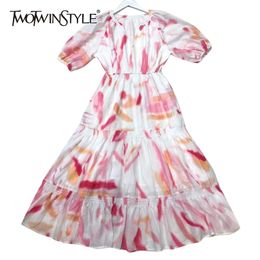 Print Casual Dress For Women V Neck Puff Short Sleeve High Waist Elegant Midi Dresses Female Summer Fashion Clothes 210520