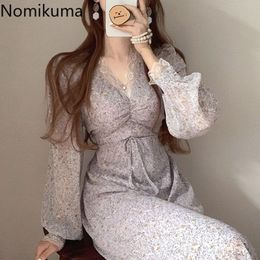 Nomikuma Korean Chiffon Floral Women Dress Lace Patchwork Drawstring V-neck Puff Sleeve Dresses Slim High Waist Vestidos 6F784 210427