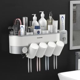 Bathroom Accessories Sets Magnetic Toothbrush Holder With Cup Toothpaste Dispenser Toiletries Storage Rack Toothpaste Squeezer 210322