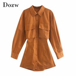 Retro Solid Shirt Dress Women Batwing Long Sleeve Mini es Back Hollow Out Stylish Chic Pocket A Line Vestidos 210515