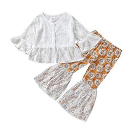 kids Clothing Sets Girls outfits Children Flare Sleeve Lace cardigan Tops+daisy Flared pants 2pcs/set Spring Autumn fashion Boutique baby Clothes